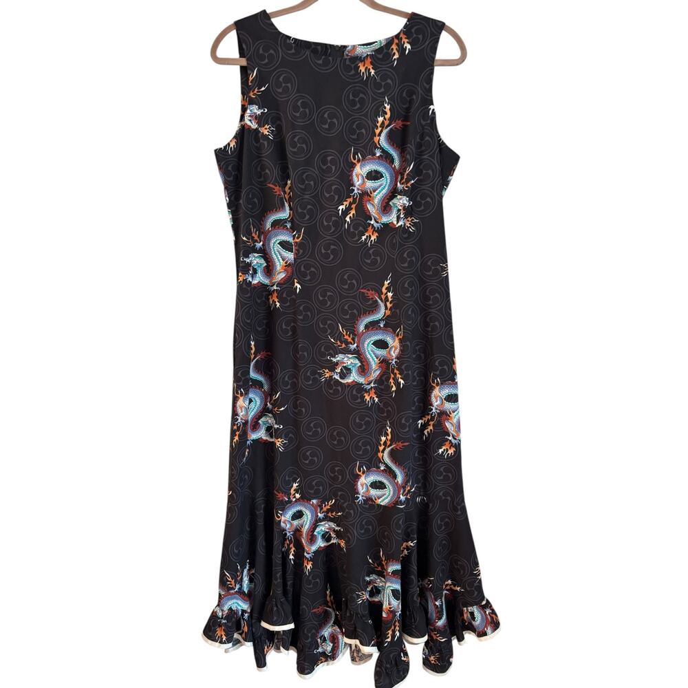 Vintage The Hawaiian Original Maxi Dress Black Dragon Sleeveless Ruffle Hem 16